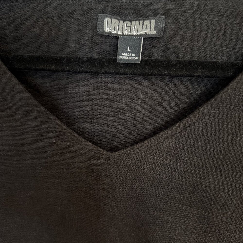 Nicole Miller Original Black Dress Linen Blend Minimalist V-Neck L Pintuck Hem - Picture 2 of 10